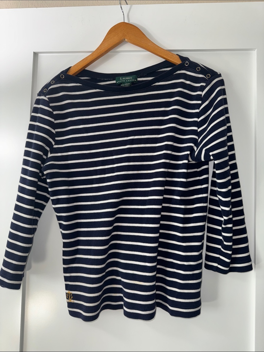 Ralph Lauren Navy & White Striped 3/4 Sleeve Top Sz Large 100% cotton
